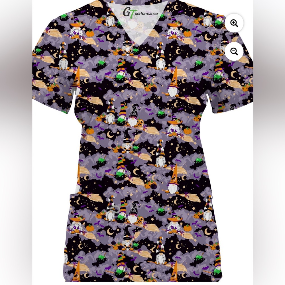 Halloween Flying Gnomes Witches Glitter Women’s Scrub Top Medium